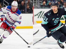 Blockbuster Alert: Why The Kraken Must Trade Shane Wright For Alexis Lafrenière A split-screen photograph showing two NHL players on the ice during games. On the left side, Alexis Lafrenière (#13) of the New York Rangers skates with the puck in a white away jersey. On the right side, Shane Wright (#51) of the Seattle Kraken skates in a dark home jersey.
