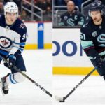 A split image showing two NHL players skating on the ice during a game. On the left side, Cole Perfetti of the Winnipeg Jets is in a white away jersey, number 91. On the right side, Shane Wright of the Seattle Kraken is in a dark blue home jersey, number 51, handling the puck.
