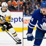 A vertical split-screen photograph depicting two NHL team captains on the ice during games. On the left side, Sidney Crosby of the Pittsburgh Penguins, wearing a white away jersey with the 'C' patch, is in a low skating stance controlling the puck. On the right side, Auston Matthews of the Toronto Maple Leafs, wearing a blue home jersey with a white 'C' patch, stands upright looking forward with his hands resting on his stick blade.