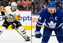 A vertical split-screen photograph depicting two NHL team captains on the ice during games. On the left side, Sidney Crosby of the Pittsburgh Penguins, wearing a white away jersey with the 'C' patch, is in a low skating stance controlling the puck. On the right side, Auston Matthews of the Toronto Maple Leafs, wearing a blue home jersey with a white 'C' patch, stands upright looking forward with his hands resting on his stick blade.