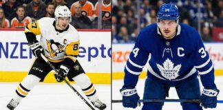 A vertical split-screen photograph depicting two NHL team captains on the ice during games. On the left side, Sidney Crosby of the Pittsburgh Penguins, wearing a white away jersey with the 'C' patch, is in a low skating stance controlling the puck. On the right side, Auston Matthews of the Toronto Maple Leafs, wearing a blue home jersey with a white 'C' patch, stands upright looking forward with his hands resting on his stick blade.