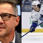 A split-panel photograph showing Ottawa Senators General Manager Steve Staios on the left, wearing glasses and a suit, speaking into a microphone at a press conference. On the right side is Vancouver Canucks forward Kiefer Sherwood, wearing his white away number 44 jersey, skating with the puck during a game.