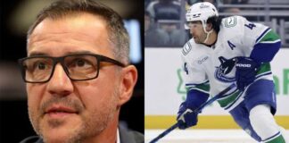 A split-panel photograph showing Ottawa Senators General Manager Steve Staios on the left, wearing glasses and a suit, speaking into a microphone at a press conference. On the right side is Vancouver Canucks forward Kiefer Sherwood, wearing his white away number 44 jersey, skating with the puck during a game.