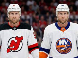 A split-screen image showing NHL player Steven Stamkos wearing a white New Jersey Devils number 91 away jersey on the left and a white New York Islanders number 91 away jersey on the right.