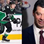A split-screen photograph featuring Dallas Stars forward Jason Robertson skating in his green No. 21 jersey on the left, alongside a portrait of Team USA General Manager Bill Guerin smiling in a suit and tie against a USA Hockey background on the right.