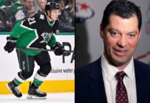 A split-screen photograph featuring Dallas Stars forward Jason Robertson skating in his green No. 21 jersey on the left, alongside a portrait of Team USA General Manager Bill Guerin smiling in a suit and tie against a USA Hockey background on the right.