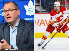 A split photograph showing Toronto Maple Leafs General Manager Brad Treliving speaking animatedly into a microphone at a press conference on the left, alongside Calgary Flames defenseman Rasmus Andersson (#4) skating with the puck during a game on the right.