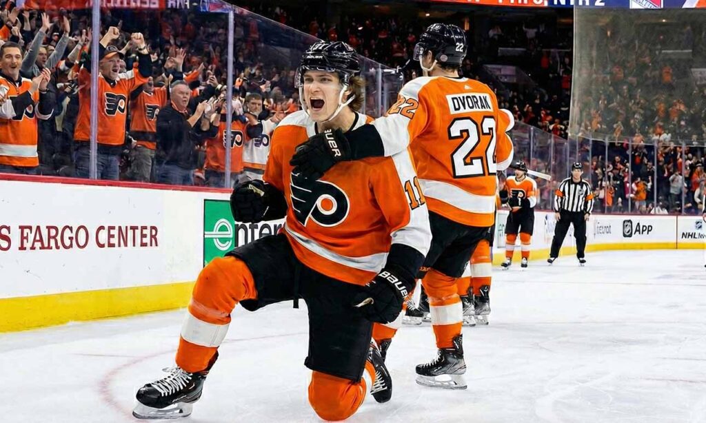 Philadelphia Flyers forward Trevor Zegras (#11) yells in celebration on one knee after scoring a goal at Wells Fargo Center, emphasizing his on-ice value amidst contract extension rumors. Teammate Christian Dvorak (#22) is behind him joining the celebration.