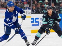 Is This the Blockbuster That Finally Fixes the Leafs? Kypreos Targets Kraken Duo A split photograph featuring two NHL players on the ice during respective games. On the left side, Toronto Maple Leafs forward William Nylander wears a blue No. 88 jersey and skates with the puck. On the right side, Seattle Kraken defenseman Brandon Montour wears a dark dark blue No. 62 jersey and is shown in a low skating stance.