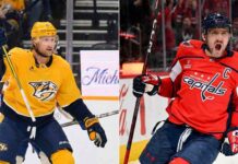 A split-frame sports photograph. On the left side, Nashville Predators forward Steven Stamkos, wearing a yellow jersey, raises his stick in celebration during a game. On the right side, Washington Capitals captain Alex Ovechkin, wearing a red jersey, shouts excitedly with his stick raised after a play.