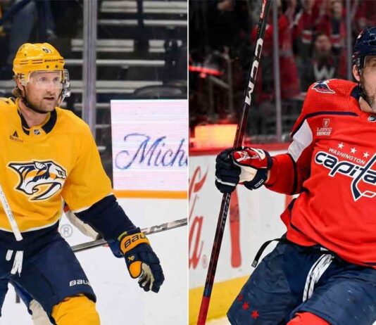 A split-frame sports photograph. On the left side, Nashville Predators forward Steven Stamkos, wearing a yellow jersey, raises his stick in celebration during a game. On the right side, Washington Capitals captain Alex Ovechkin, wearing a red jersey, shouts excitedly with his stick raised after a play.