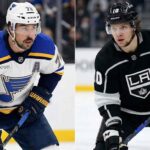 A split-screen photograph showing NHL players Justin Faulk of the St. Louis Blues on the left, wearing a white away jersey with the alternate captain 'A', and Artemi Panarin of the Los Angeles Kings on the right, wearing a black home jersey. Both are on the ice during a game.