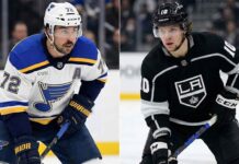 A split-screen photograph showing NHL players Justin Faulk of the St. Louis Blues on the left, wearing a white away jersey with the alternate captain 'A', and Artemi Panarin of the Los Angeles Kings on the right, wearing a black home jersey. Both are on the ice during a game.