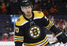 Defenseman Rasmus Ristolainen is pictured on the ice wearing a black Boston Bruins home jersey with the number 70 on the helmet and sleeves, holding his hockey stick and looking toward the crowd.