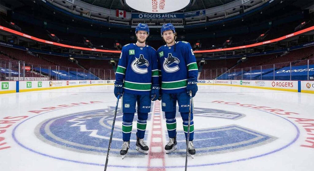 Vancouver Canucks forwards Elias Pettersson (left, jersey #40) and Brock Boeser (right, jersey #6) stand side-by-side in full home uniforms at center ice inside an empty Rogers Arena, positioned over the large team logo.