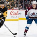A split-frame photograph showing Pittsburgh Penguins defenceman Brett Kulak (#7) skating with the puck on the left, and Colorado Avalanche defenceman Samuel Girard (#49) standing on the ice on the right.