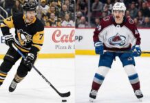 A split-frame photograph showing Pittsburgh Penguins defenceman Brett Kulak (#7) skating with the puck on the left, and Colorado Avalanche defenceman Samuel Girard (#49) standing on the ice on the right.