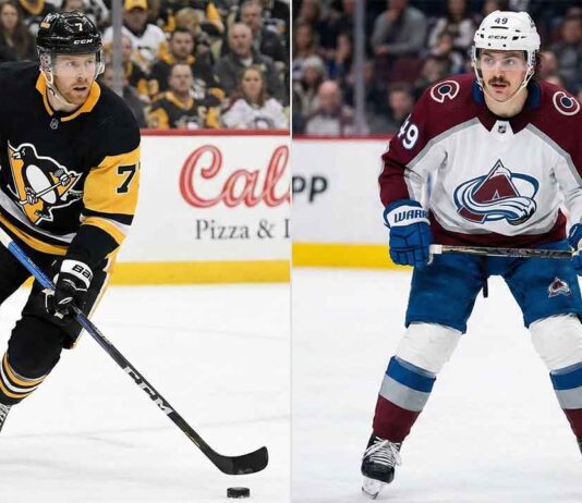 Why the Avalanche Traded Samuel Girard for Brett Kulak A split-frame photograph showing Pittsburgh Penguins defenceman Brett Kulak (#7) skating with the puck on the left, and Colorado Avalanche defenceman Samuel Girard (#49) standing on the ice on the right.