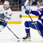 A split-screen image showing two NHL defensemen. On the left, Morgan Rielly of the Toronto Maple Leafs, wearing a white away jersey with the number 44 and an 'A', skates with the puck during a game. On the right, Darren Raddysh of the Tampa Bay Lightning, in a blue home jersey with the number 43, kneels on the ice with his arms raised in celebration after scoring a goal.