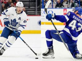 A split-screen image showing two NHL defensemen. On the left, Morgan Rielly of the Toronto Maple Leafs, wearing a white away jersey with the number 44 and an 'A', skates with the puck during a game. On the right, Darren Raddysh of the Tampa Bay Lightning, in a blue home jersey with the number 43, kneels on the ice with his arms raised in celebration after scoring a goal.