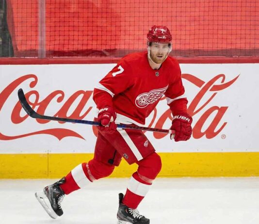 Detroit Red Wings defenseman Dougie Hamilton, wearing number 7, skates on the ice with his stick during a game, in front of a large Coca-Cola logo on the boards.