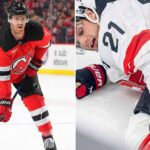 A split image showing two professional hockey players. On the left side, New Jersey Devils defenseman Dougie Hamilton (#7) in a red uniform stands on the ice looking ahead. On the right side, Swiss forward Kevin Fiala (#21) in a white national team jersey lies on the ice, grimacing in pain and clutching his right knee.
