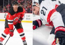 A split image showing two professional hockey players. On the left side, New Jersey Devils defenseman Dougie Hamilton (#7) in a red uniform stands on the ice looking ahead. On the right side, Swiss forward Kevin Fiala (#21) in a white national team jersey lies on the ice, grimacing in pain and clutching his right knee.