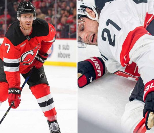 A split image showing two professional hockey players. On the left side, New Jersey Devils defenseman Dougie Hamilton (#7) in a red uniform stands on the ice looking ahead. On the right side, Swiss forward Kevin Fiala (#21) in a white national team jersey lies on the ice, grimacing in pain and clutching his right knee.