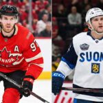 A split photograph showing Connor McDavid on the left, wearing a red Team Canada hockey jersey with the captain's 'A' and number 97, and Mikko Rantanen on the right, wearing a white Team Finland (Suomi) jersey with an 'A' and the national lion crest. Both players are on the ice in their gear.
