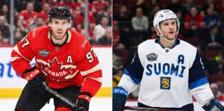 A split photograph showing Connor McDavid on the left, wearing a red Team Canada hockey jersey with the captain's 'A' and number 97, and Mikko Rantanen on the right, wearing a white Team Finland (Suomi) jersey with an 'A' and the national lion crest. Both players are on the ice in their gear.