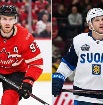 A split photograph showing Connor McDavid on the left, wearing a red Team Canada hockey jersey with the captain's 'A' and number 97, and Mikko Rantanen on the right, wearing a white Team Finland (Suomi) jersey with an 'A' and the national lion crest. Both players are on the ice in their gear.