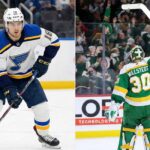 The Blockbuster Wallstedt Trade the Wild & Blues Must Consider Split image featuring St. Louis Blues forward Robert Thomas skating with the puck in a white jersey on the left panel, alongside Minnesota Wild goaltender Jesper Wallstedt seen from behind saluting the crowd with his stick raised in a green jersey on the right panel.