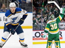 The Blockbuster Wallstedt Trade the Wild & Blues Must Consider Split image featuring St. Louis Blues forward Robert Thomas skating with the puck in a white jersey on the left panel, alongside Minnesota Wild goaltender Jesper Wallstedt seen from behind saluting the crowd with his stick raised in a green jersey on the right panel.
