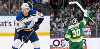Split image featuring St. Louis Blues forward Robert Thomas skating with the puck in a white jersey on the left panel, alongside Minnesota Wild goaltender Jesper Wallstedt seen from behind saluting the crowd with his stick raised in a green jersey on the right panel.