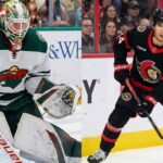 A split-screen photograph featuring Minnesota Wild goaltender Jesper Wallstedt in net on the left side, and Ottawa Senators forward Dylan Cozens skating with the puck on the right side.