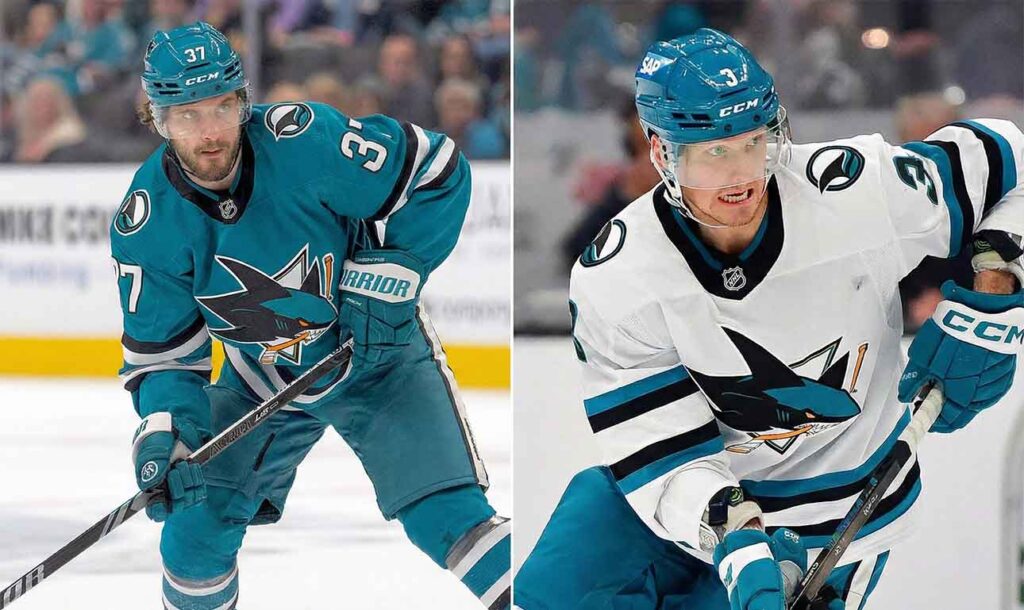 A split photograph featuring two San Jose Sharks defensemen on the ice. On the left side, Timothy Liljegren, wearing the teal home jersey number 37, is skating with his stick on the ice. On the right side, John Klingberg, wearing the white away jersey number 3, is shown mid-stride with an intense expression.