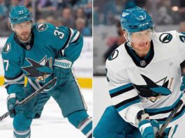 A split photograph featuring two San Jose Sharks defensemen on the ice. On the left side, Timothy Liljegren, wearing the teal home jersey number 37, is skating with his stick on the ice. On the right side, John Klingberg, wearing the white away jersey number 3, is shown mid-stride with an intense expression.