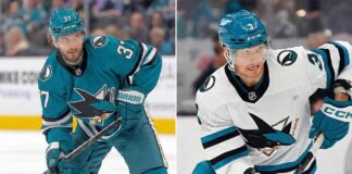A split photograph featuring two San Jose Sharks defensemen on the ice. On the left side, Timothy Liljegren, wearing the teal home jersey number 37, is skating with his stick on the ice. On the right side, John Klingberg, wearing the white away jersey number 3, is shown mid-stride with an intense expression.