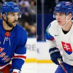 A split-screen photograph featuring New York Rangers forward Vincent Trocheck in his blue Rangers jersey on the left, and Montreal Canadiens forward Juraj Slafkovsky in his white Slovakia national team jersey on the right. Both players are on the ice during a game, relevant to NHL trade rumors and Olympic hockey news.