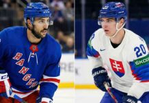 A split-screen photograph featuring New York Rangers forward Vincent Trocheck in his blue Rangers jersey on the left, and Montreal Canadiens forward Juraj Slafkovsky in his white Slovakia national team jersey on the right. Both players are on the ice during a game, relevant to NHL trade rumors and Olympic hockey news.