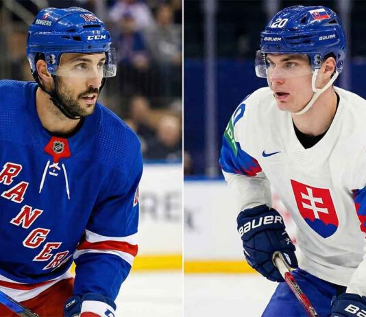 A split-screen photograph featuring New York Rangers forward Vincent Trocheck in his blue Rangers jersey on the left, and Montreal Canadiens forward Juraj Slafkovsky in his white Slovakia national team jersey on the right. Both players are on the ice during a game, relevant to NHL trade rumors and Olympic hockey news.