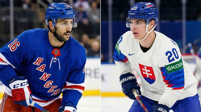 A split-screen photograph featuring New York Rangers forward Vincent Trocheck in his blue Rangers jersey on the left, and Montreal Canadiens forward Juraj Slafkovsky in his white Slovakia national team jersey on the right. Both players are on the ice during a game, relevant to NHL trade rumors and Olympic hockey news.
