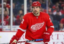 Detroit Red Wings defenseman Justin Faulk, wearing the red home jersey with number 72 and a red helmet, stands on the ice holding his stick during a game.