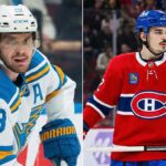NHL News Alert: Trade Drama Explodes as Playoff Race Heats Up! A split image showing Robert Thomas of the St. Louis Blues on the left and Arber Xhekaj of the Montreal Canadiens on the right. Thomas is in a white away jersey, looking intently with his tongue out. Xhekaj is in a red home jersey, standing with his stick, looking towards the right.