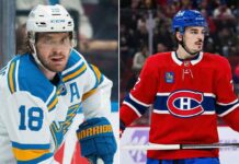 NHL News Alert: Trade Drama Explodes as Playoff Race Heats Up! A split image showing Robert Thomas of the St. Louis Blues on the left and Arber Xhekaj of the Montreal Canadiens on the right. Thomas is in a white away jersey, looking intently with his tongue out. Xhekaj is in a red home jersey, standing with his stick, looking towards the right.