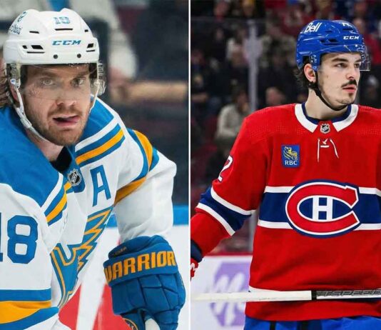 NHL News Alert: Trade Drama Explodes as Playoff Race Heats Up! A split image showing Robert Thomas of the St. Louis Blues on the left and Arber Xhekaj of the Montreal Canadiens on the right. Thomas is in a white away jersey, looking intently with his tongue out. Xhekaj is in a red home jersey, standing with his stick, looking towards the right.