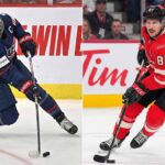 A vertical split-screen hockey photograph featuring two iconic captains. On the left panel, Hilary Knight of Team USA (#21) is captured in a dynamic shooting motion on the ice. On the right panel, Sidney Crosby of Team Canada (#87) is shown skating with the puck during a game.