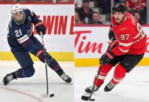 A vertical split-screen hockey photograph featuring two iconic captains. On the left panel, Hilary Knight of Team USA (#21) is captured in a dynamic shooting motion on the ice. On the right panel, Sidney Crosby of Team Canada (#87) is shown skating with the puck during a game.