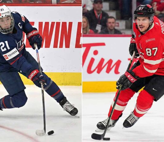 A vertical split-screen hockey photograph featuring two iconic captains. On the left panel, Hilary Knight of Team USA (#21) is captured in a dynamic shooting motion on the ice. On the right panel, Sidney Crosby of Team Canada (#87) is shown skating with the puck during a game.