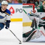 A split-screen image showing St. Louis Blues forward Robert Thomas skating with the puck on the left panel, and Minnesota Wild goaltender Jesper Wallstedt making a save in a butterfly stance on the right panel.